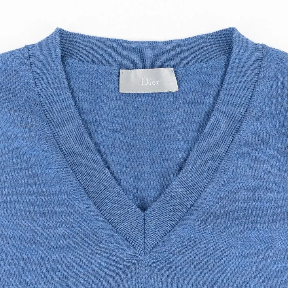 Dior Virgin Wool V-Neck Sweater Men's Small Blue